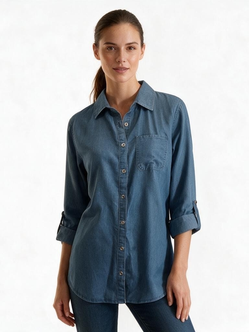 NWT Audrey Lane Chambray Denim Button Down Tunic Top Roll Tab Large